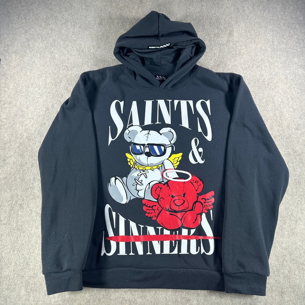 RGSTR Mens Black Pullover Hoodie Saints and Sinners Teddy Bear Graphic Size 2XL